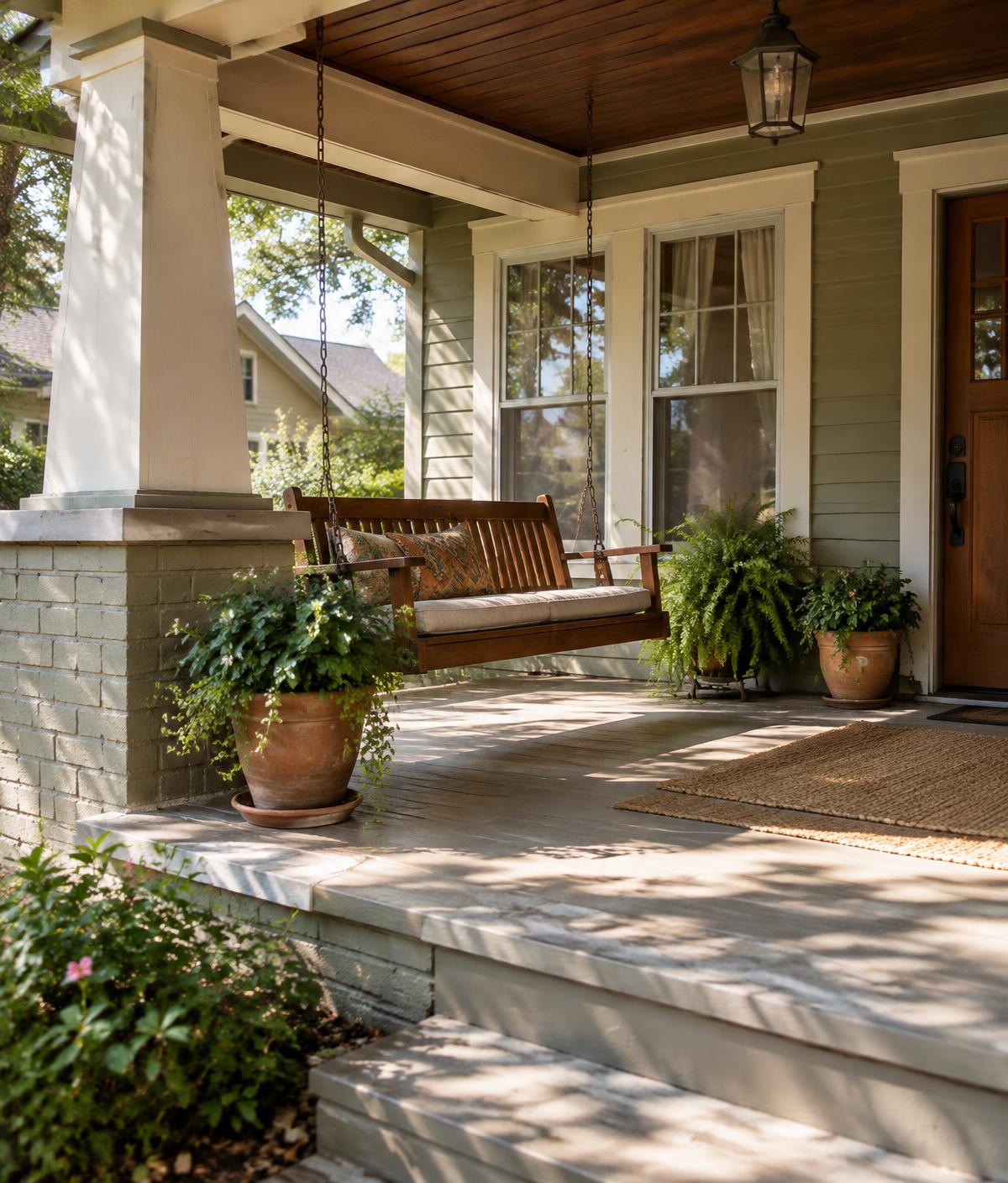Shaded front porch of a craftsman bungalow with a wooden swing
